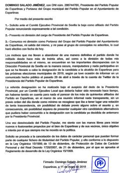 El escrito de renuncia de Salado