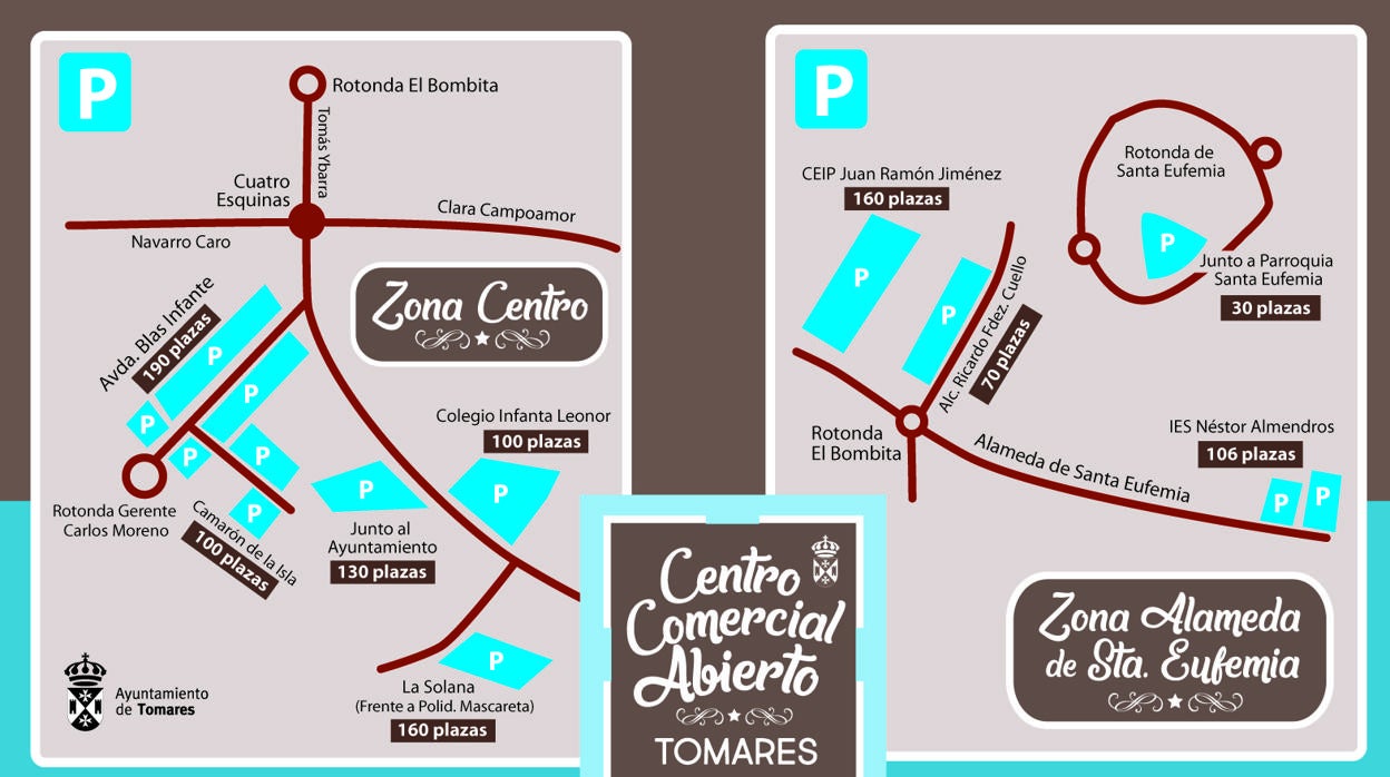 Plano de las plazas disponibles para poder aparcar el vehículo mientras se realizan compras en Tomares