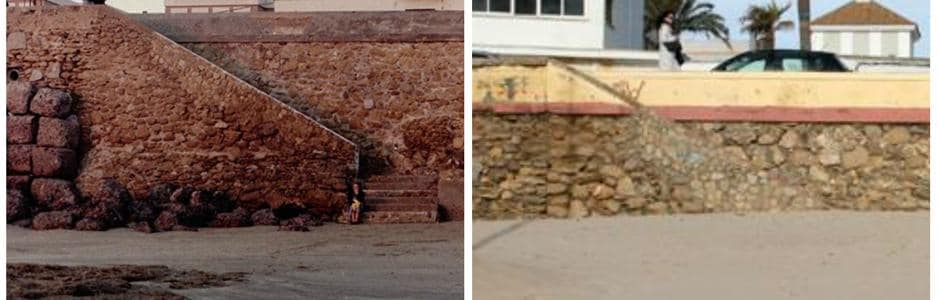 El antes y el después de la escalera que da acceso a la playa Victoria desde la regeneración de 1991