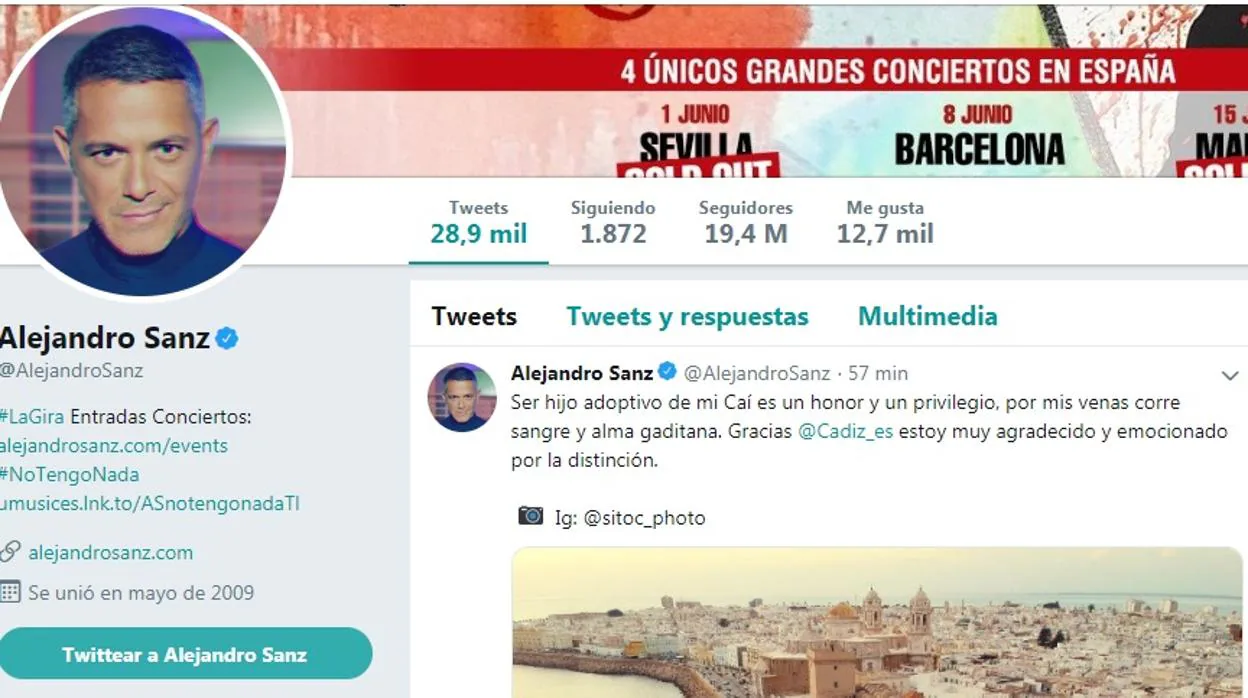 Alejandro Sanz agradece en redes sociales su título de hijo adoptivo de Cádiz