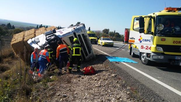 Herido el conductor de un camión que volcó al salirse de la carretera A-384 en dirección a Bornos