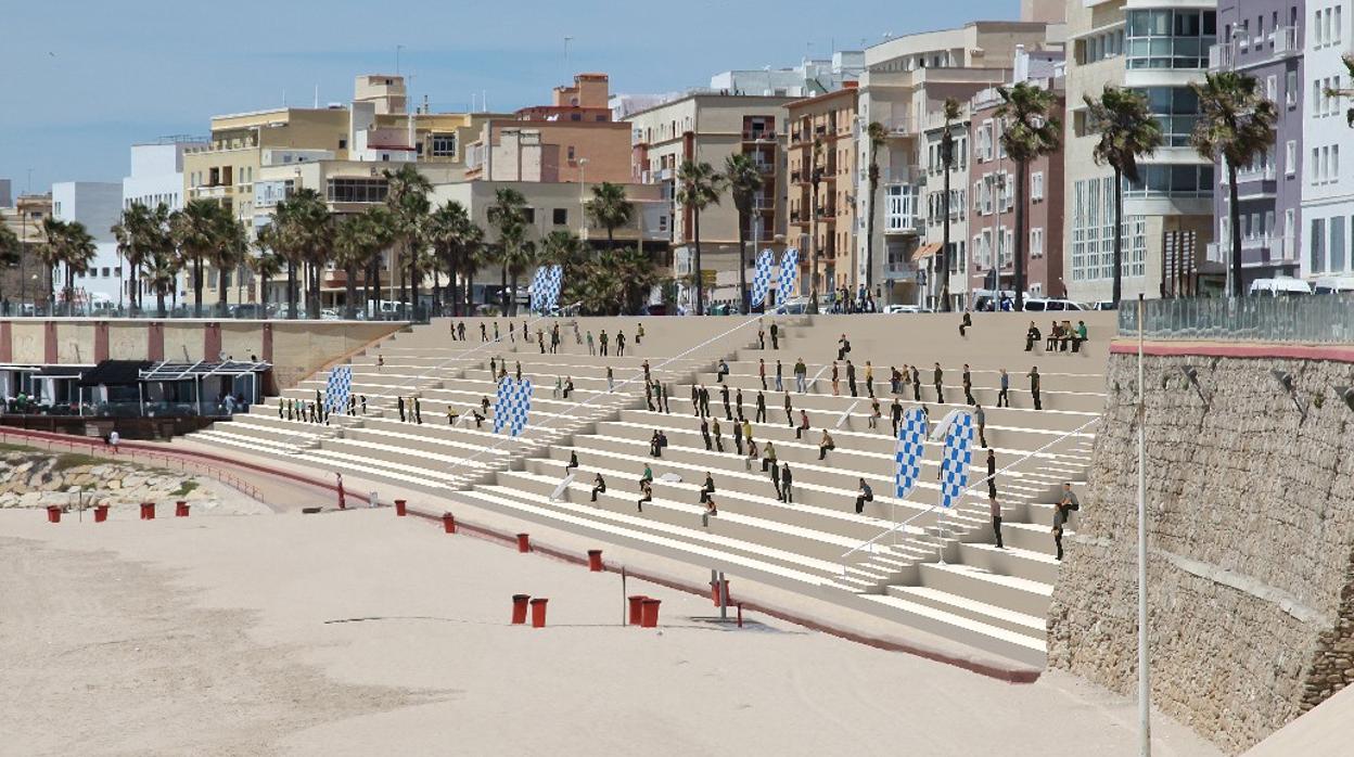 Diseño de la grada que propone el alcaldable del PP Juancho Ortiz, en la playa de Santa María.