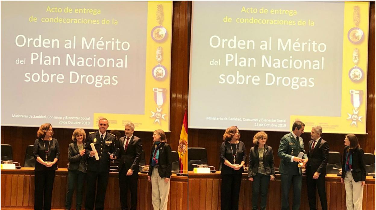 El comisario provincial de Cádiz (izquierda) y el teniente coronel jefe interino de la Comandancia gaditana (derecha) reciben las medallas.