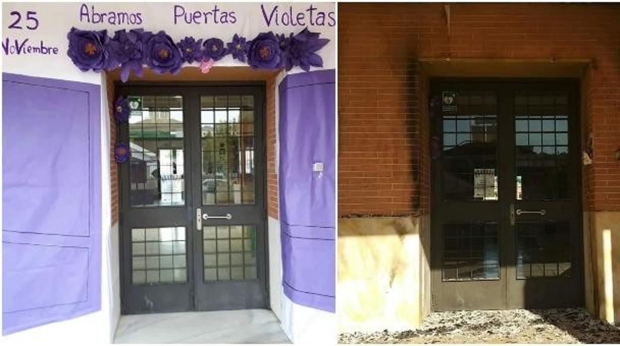 La entrada al Instituto Antonio de Ulloa de La Rinconada antes y después de ser quemada