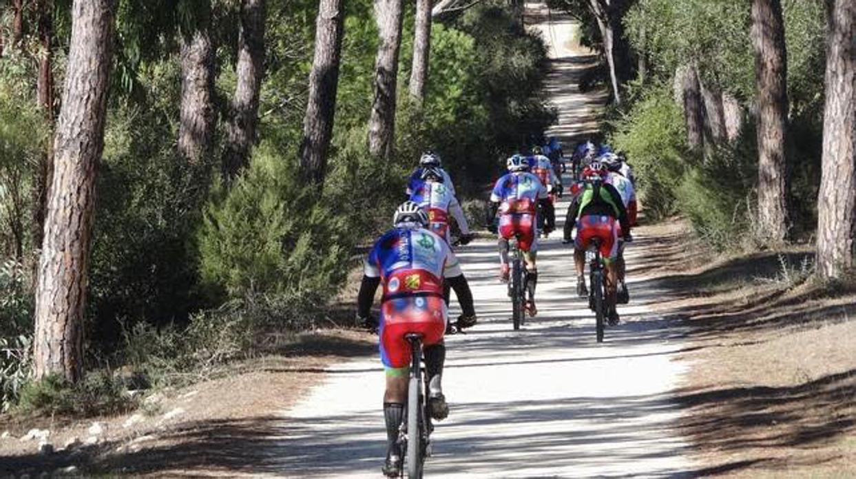 Ciclistas pasean por una ruta de la Vía Verde de la Sierra.