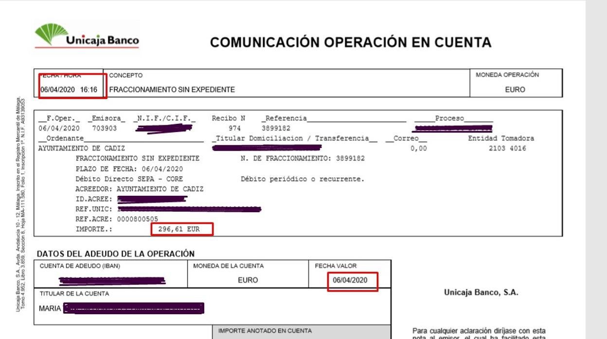 Cobro de un recibo fraccionado del Ayuntamiento de Cádiz