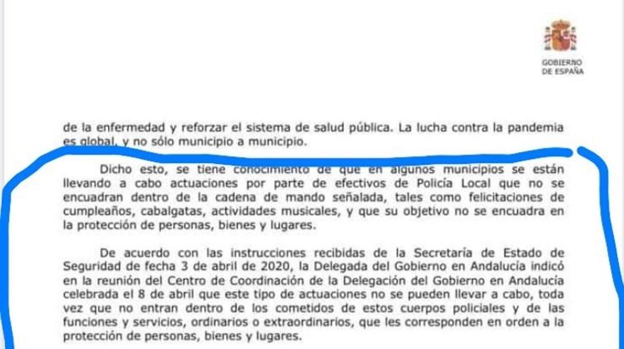 Carta enviada desde la Subdelegación a los ayuntamientos.