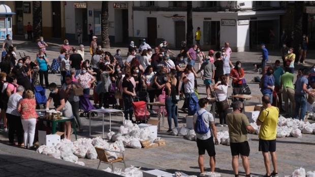 Despertares hace un reparto masivo de comida en la Plaza de la Catedral, en Cádiz