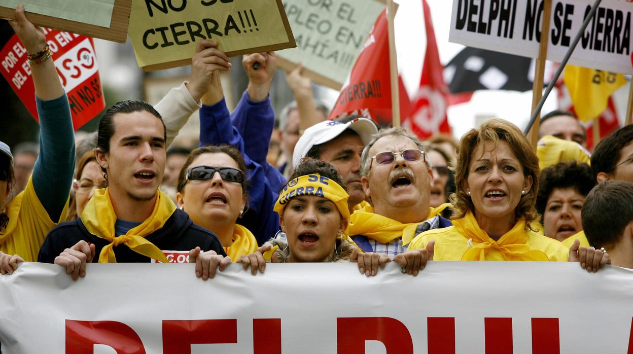 Una de las protestas contra el cierre de Delphi en la Bahía en 2007