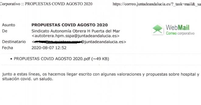 Copia del correo electrónico que afirman haber envido al responsable del Puerta del Mar.