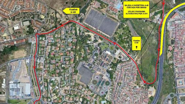 Hoy lunes se corta el tráfico en el ramal de salida desde Camas a la A-49 por las obras de La Pañoleta