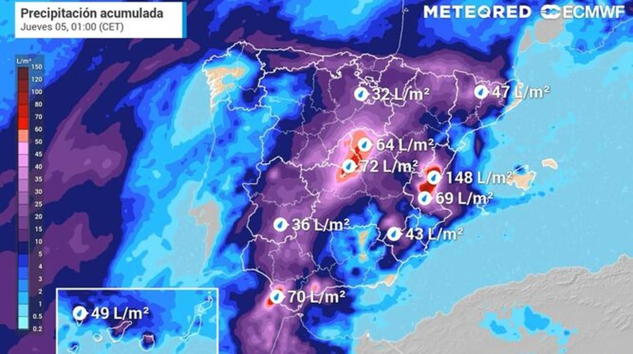 Simulación con la precipitación acumulada para el jueves