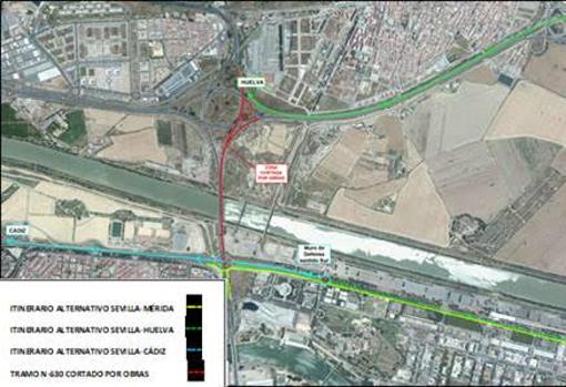 Cortes de tráfico en la salida hacia la autovía A-49 en sentido Huelva y en la SE-30 desde este viernes