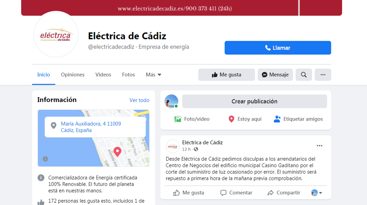 Captura de pantalla del breve comunicado de Eléctrica de Cádiz.