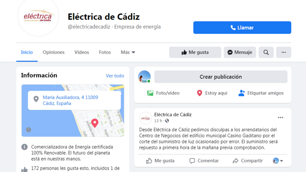 Eléctrica de Cádiz pide disculpas en redes a los empresarios del Casino por el corte de luz