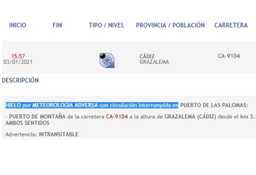 El puerto de montaña de Las Palomas, en Grazalema, se cierra por hielo