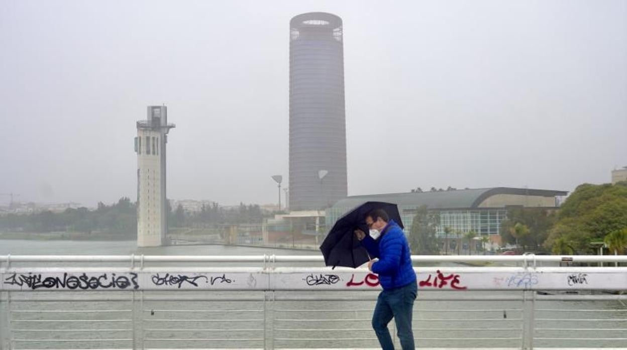 Una persona se resguarda de la lluvia con la Torre Sevilla de fondo