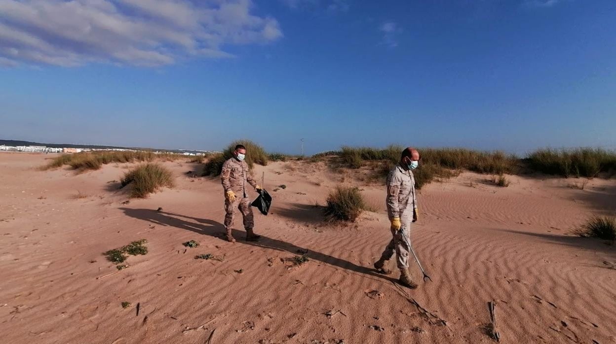 Los militares durante la acción de conservación del medio ambiente en el Retín.