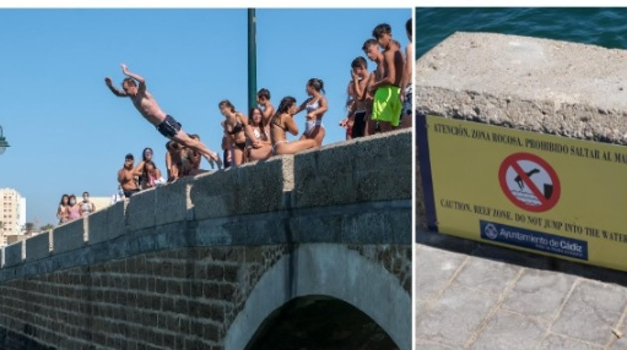 Uno de los lanzamientos desde el Puente Canal que el Ayuntamiento trata de evitar con carteles que recuerdan su prohibición.