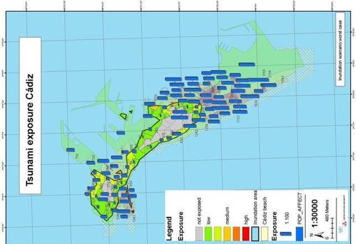 Plano de Cádiz con la zona potencialmente inundable en el peor de los casos