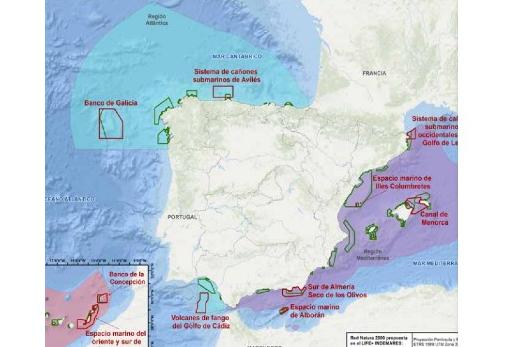 Mapa de los espacios protegidos de la Red Natura 2000 propuestos en el proyecto INDEMARES