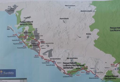 Primera piedra del tramo entre Cádiz y San Fernando de Eurovelo, la ruta para llegar en bici hasta Atenas