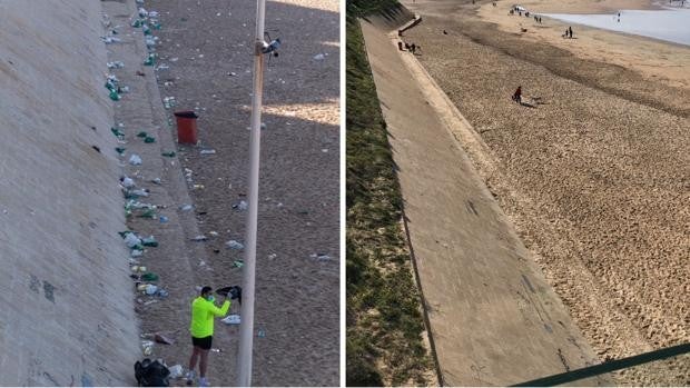 Vecinos limpian la playa de Santa María del Mar tras los botellones del fin de semana