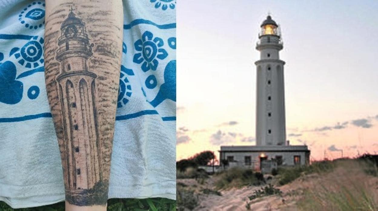 Tatuaje del Faro de Trafalgar y la torre levantada en los Caños de Meca