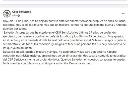 Hondo pesar por la muerte de Salvador Astorga Jarque, profesor del CEIP Sericícola de El Puerto