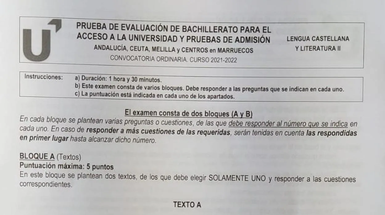Examen de Lengua y Literatura en la Selectividad 2022 de Andalucía