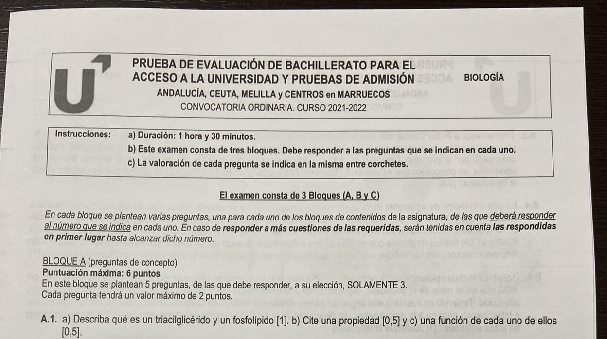 Examen de Biología en la Selectividad de Andalucía