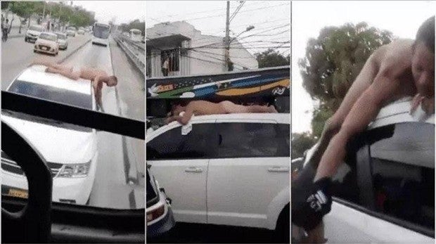 Una mujer castiga a su marido infiel paseándole desnudo sobre su coche