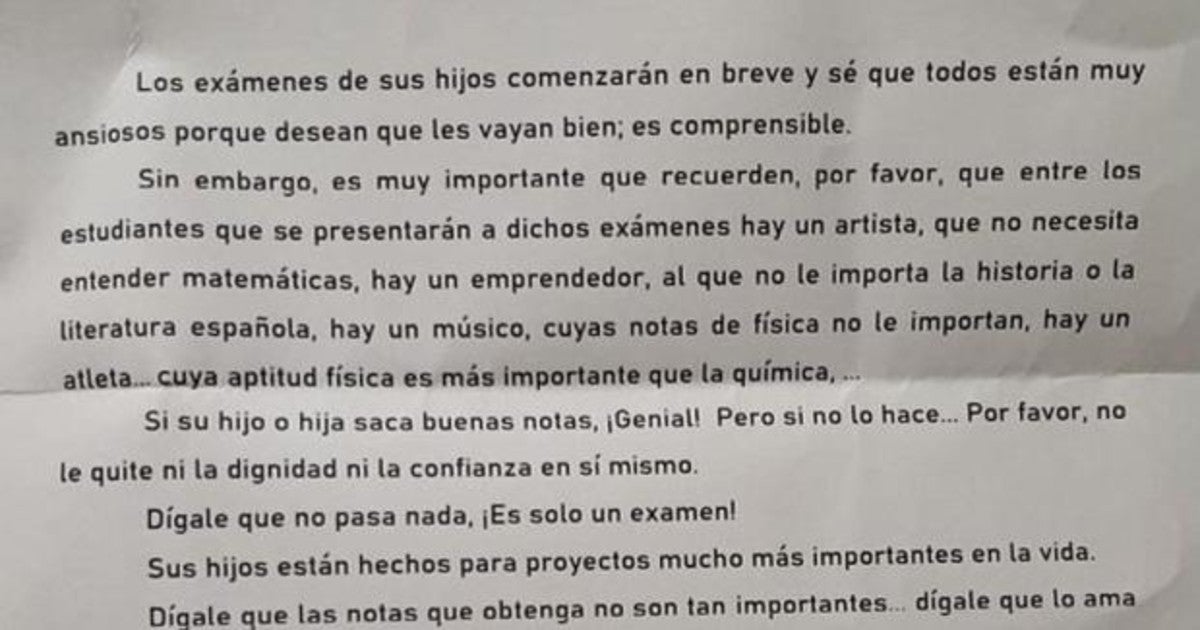 La carta viral de un director a los padres de sus alumnos: «Si no sacan buenas notas, no les quiten la confianza»