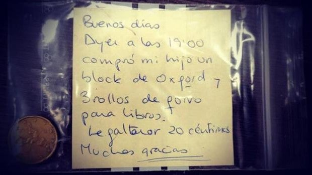 La nota viral de unos padres pagando la deuda de 20 céntimos de su hijo: «Demuestran la buena gente que son»