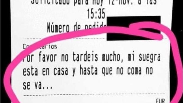 La petición de un cliente a un restaurante al realizar un pedido: «No tardéis mucho, mi suegra está en casa»