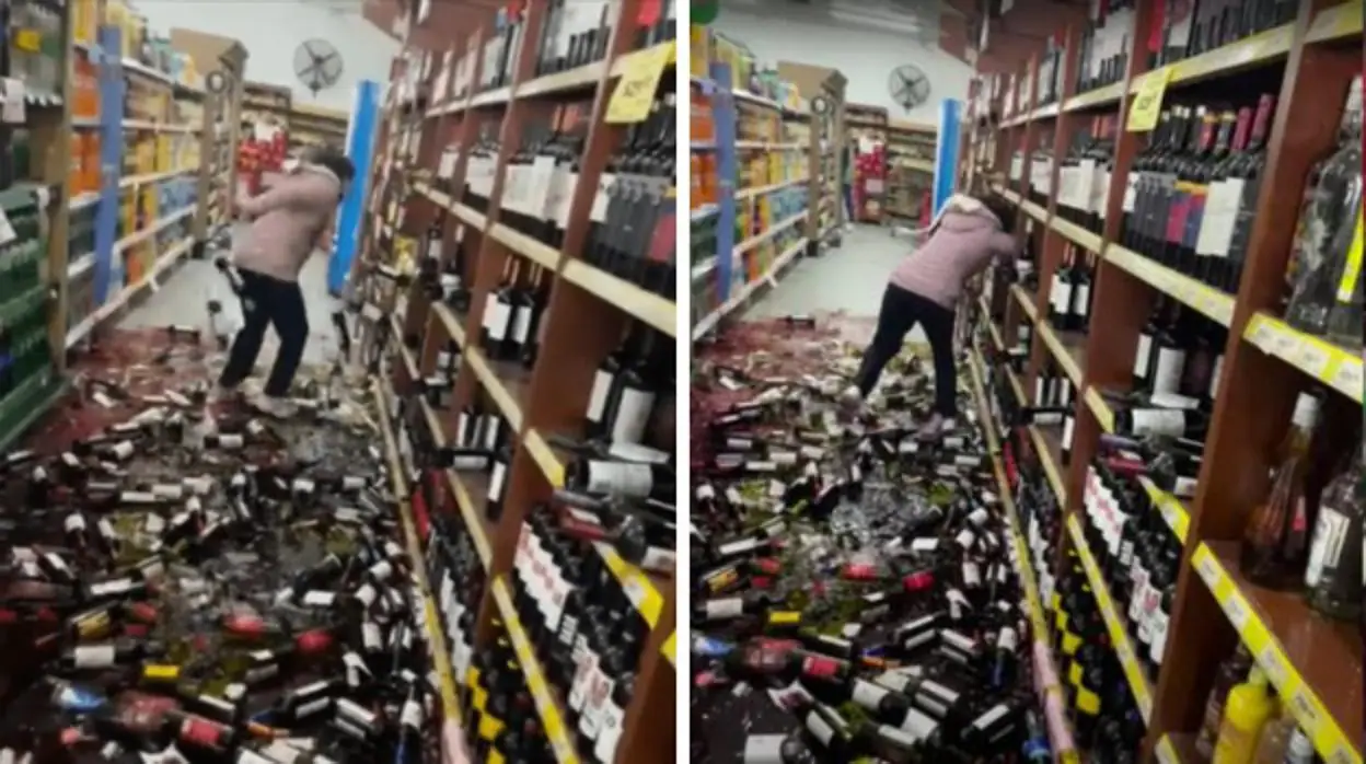 Evelyn atacando la estantería de vinos del supermercado