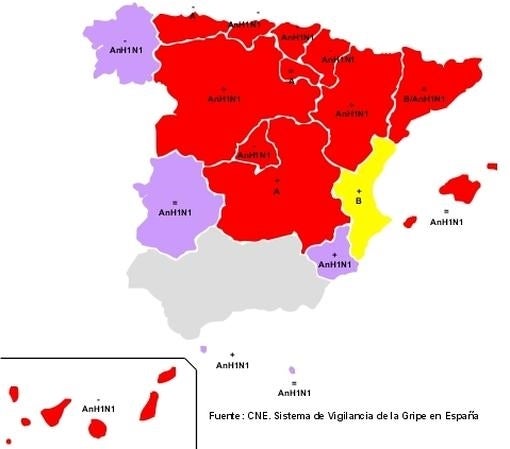 La difusión de la gripe continúa siendo epidémica en el norte y centro de la Península, Baleares y Canarias (en rojo) y local (morado) o esporádica (amarillo) en el resto durante la semana del 15 al 21 de febrero, la última con datos