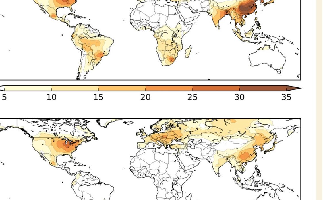 Mapa de calor que muestra el porcentaje estimado de muertes por COVID-19 atribuidas a la contaminación del aire de fuentes artificiales (arriba) y solo al uso de combustibles fósiles (abajo)