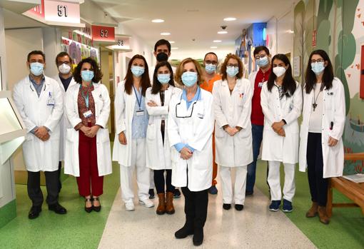 Miembros del equipo del Hospital Niño Jesús, con la doctora María Luz Ruiz Falcó, jefa de Neurología, al frente (en el centro de la imagen y adelantada) que participan en el ensayo con células madre. De izq a dcha: Miguel Ángel López Pino, jefe de de Diagnóstico por Imagen; Gustavo Melen, jefe de la Sala Blanca; doctora Belén Rivero, jefa de Neurocirugía; Leticia Fernández, supervisora de Paliativos; Serafín Rodríguez, Rehabilitación; doctora Montse Nieto, jefa de la UCI; doctor Manuel Luján, neurofisiólogo; doctora Verónica Cantarín, neuróloga; doctor Luis Mansilla, neurofisiólogo; doctora Gema de Lama, UCI y doctora Beatriz Bernardino, neuróloga