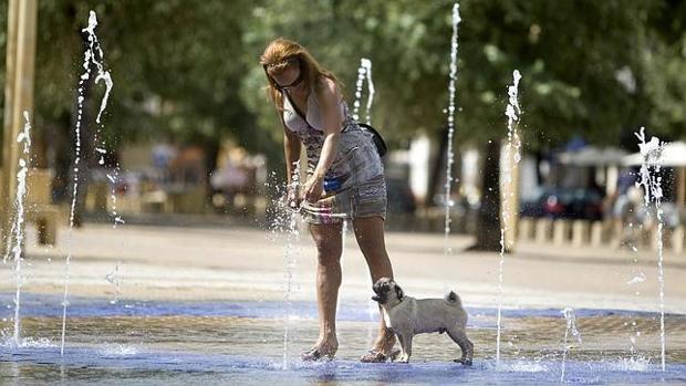 Una mujer y su carlino se refrescan en una fuente de la Alemeda de Hércules