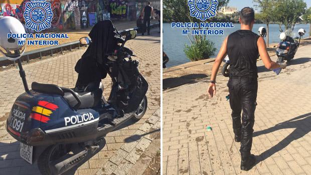 En las imágenes el polícía que se tiró a socorrer a la mujer y la moto donde depositó su ropa mojada