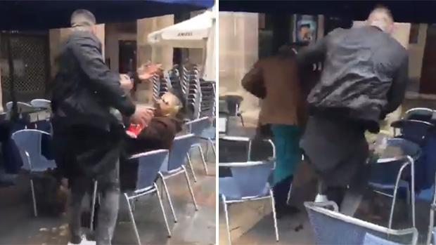 Dos capturas del vídeo que recoge el momento de la agresión ocurrida en la Plaza Nueva de Bilbao