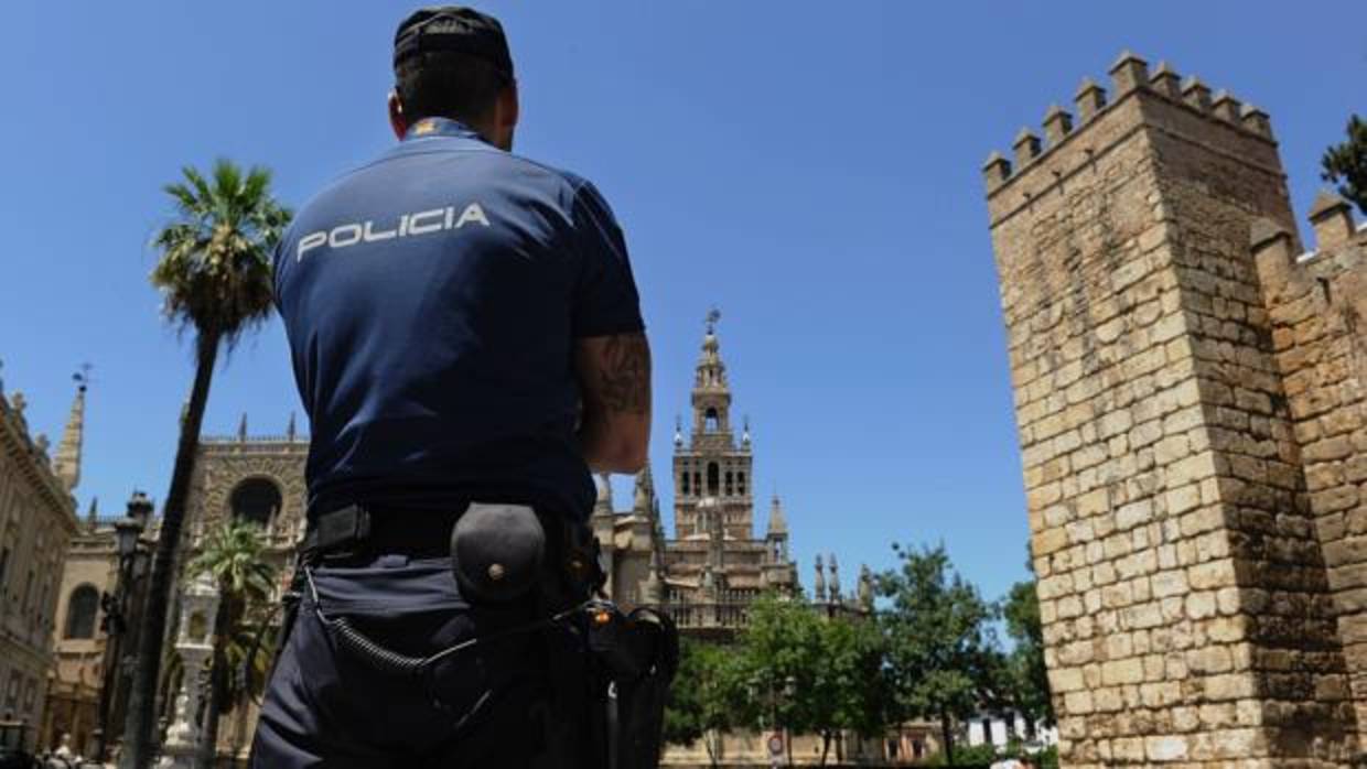 Un policía controla la seguridad en el entorno de Los Reales Alcázares