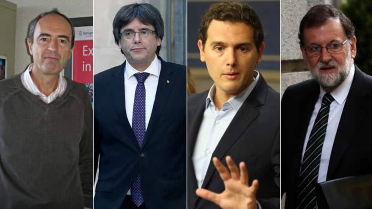 El profesor Alberto Pérez junto a los políticos que incluyó en su examen: Puigdemont, Rivera y Rajoy