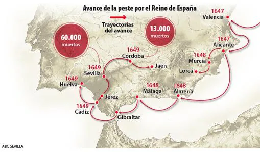 Mapa que indica cómo avanzó la peste en 1649 en España y dentro de Sevilla