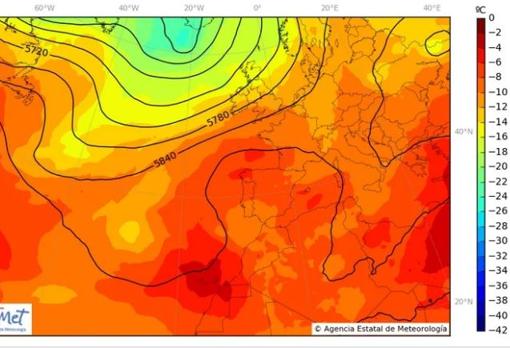 Mapa del geopotencial, línea y temperaturas