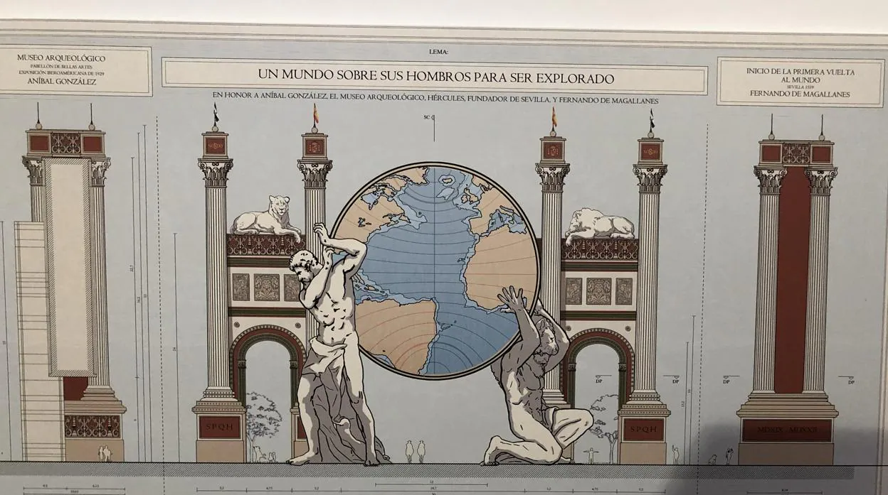El diseño de la portada en honor del Museo Arqueológico, Hércules y Magallanes