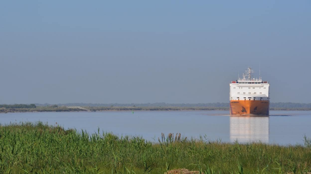 Un buque avanza por el cauce del Guadalquivir, en el tramo navegable del río