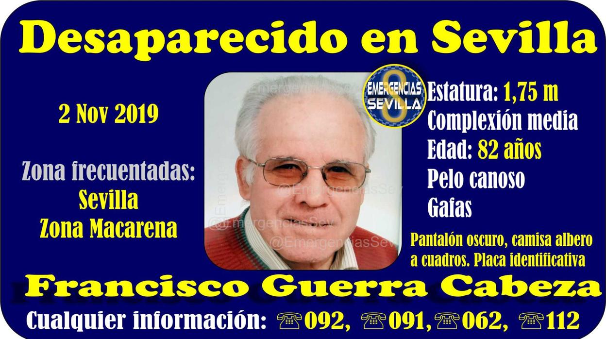 Cartel informativo de Emergencias Sevilla en la que se anunciaba la desaparición de un anciano en Sevilla