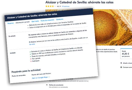 Esta web con sede en Alemania ofrece, a través de un operador sevillano, entradas cuatro veces más caras sin servicio de guía